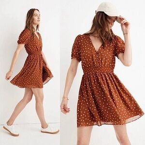 NWOT Madewell | Brown Smocked Waist Dress w/White Polka Dots, Size M